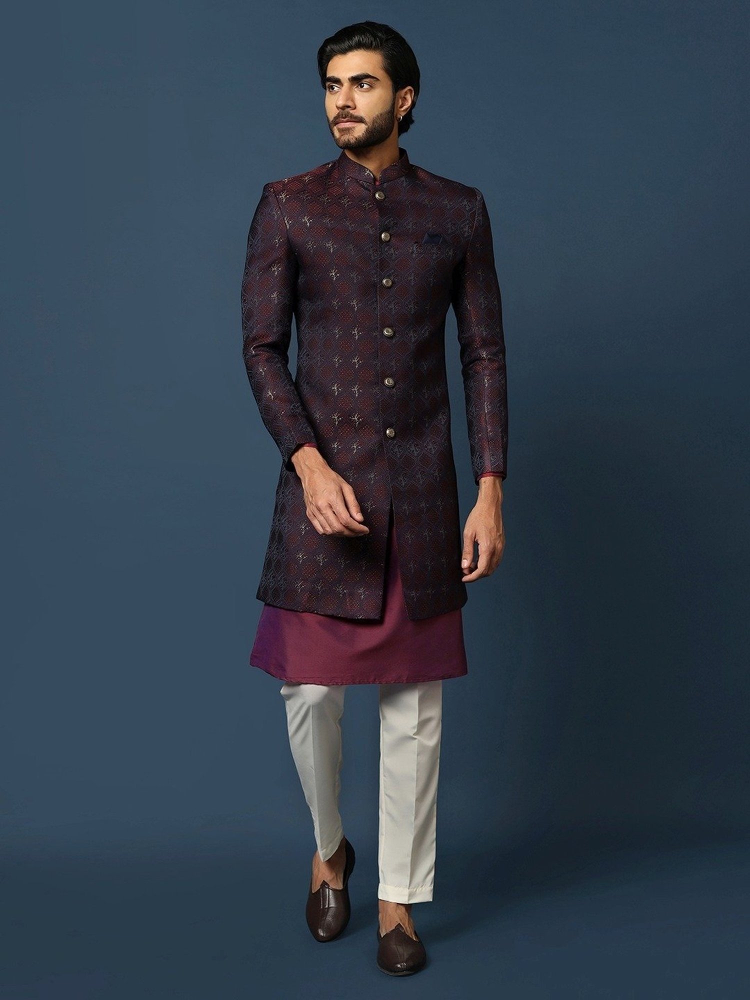 KISAH Maroon Cotton Regular Fit Self Pattern Sherwani Set