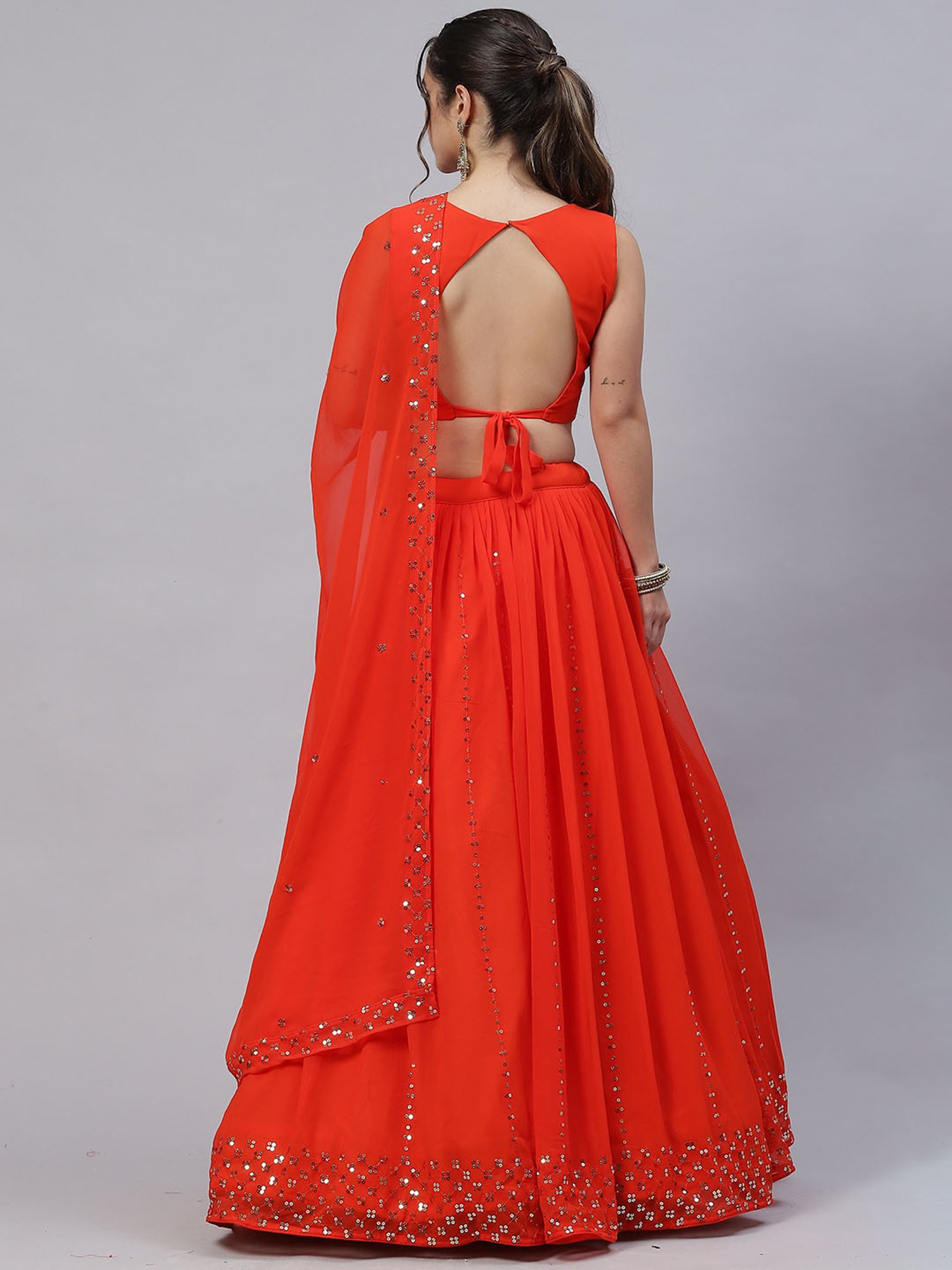 SHUBHKALA Orange Embellished Lehenga Choli Set With Dupatta