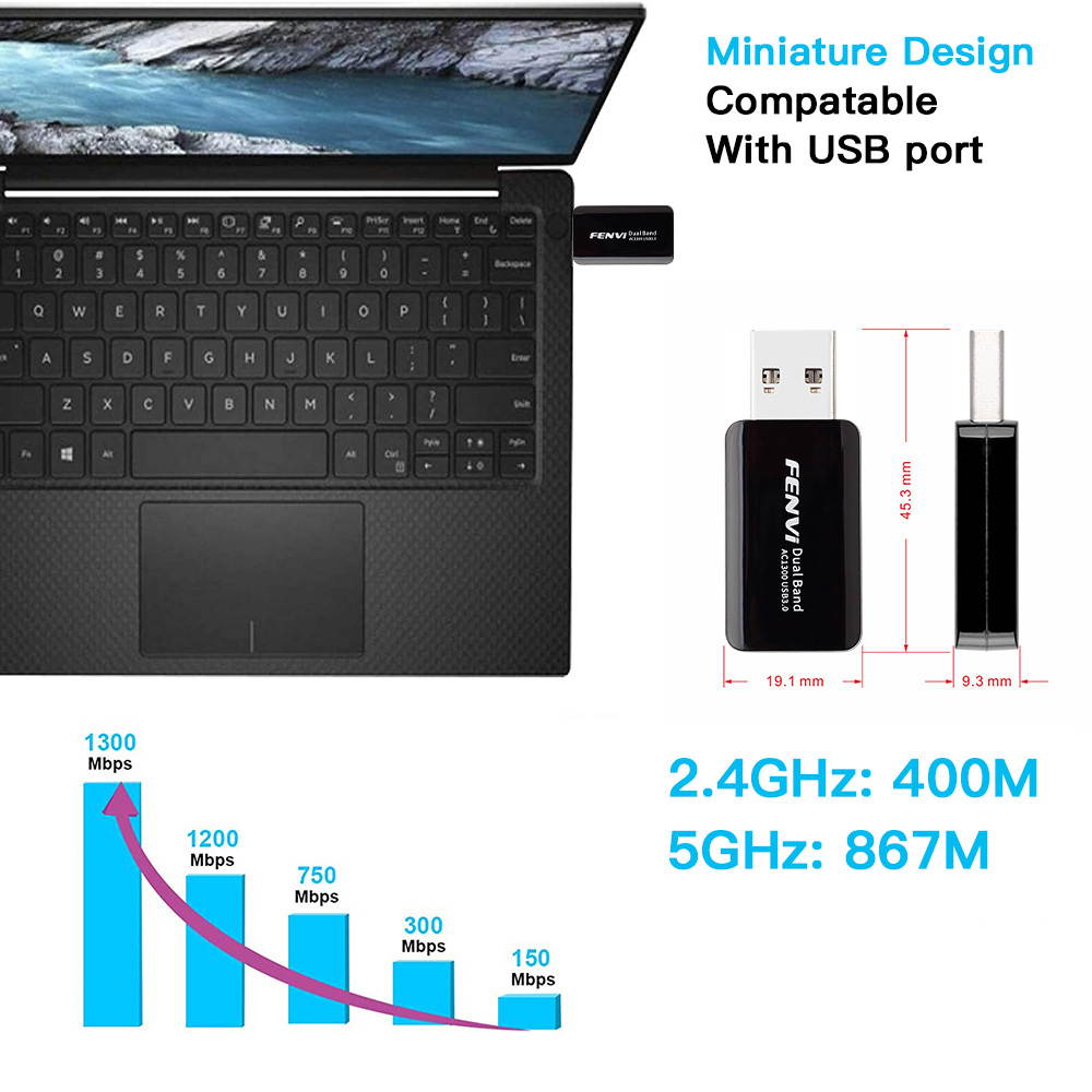 Fenvi Wireless USB WiFi Adapter for PC - 802.11AC 1300Mbps Dual Band 5G/2.4G WiFi USB 3.0 Wi-Fi Dongle  for PC Desktop Laptop Windows 10/8/8.1/7/Mac OS X 10.9-10.15, WiFi USB Computer Network Adapters
