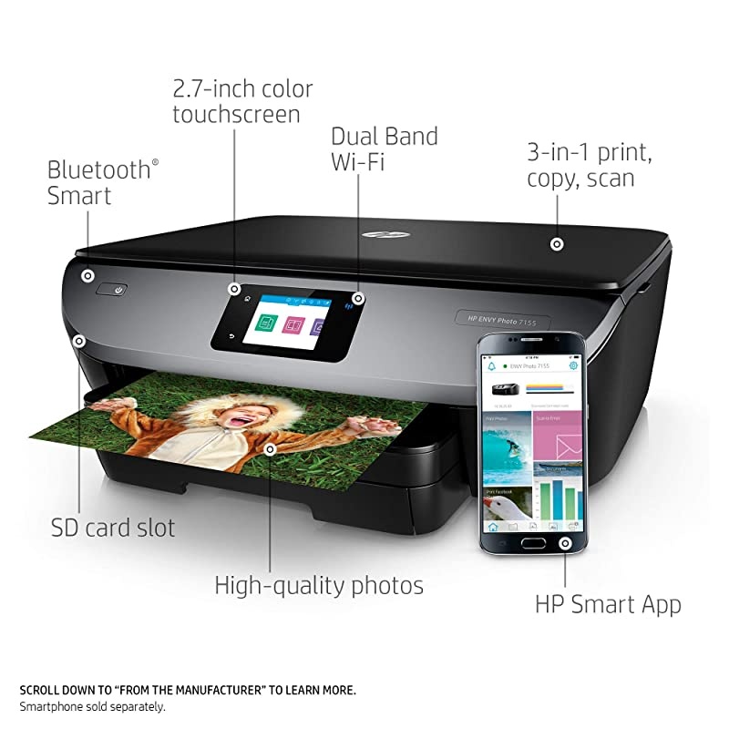 Envy Photo 7155 All in One Photo Printer with Wireless Printing Instant Ink Ready K7G93A Renewed