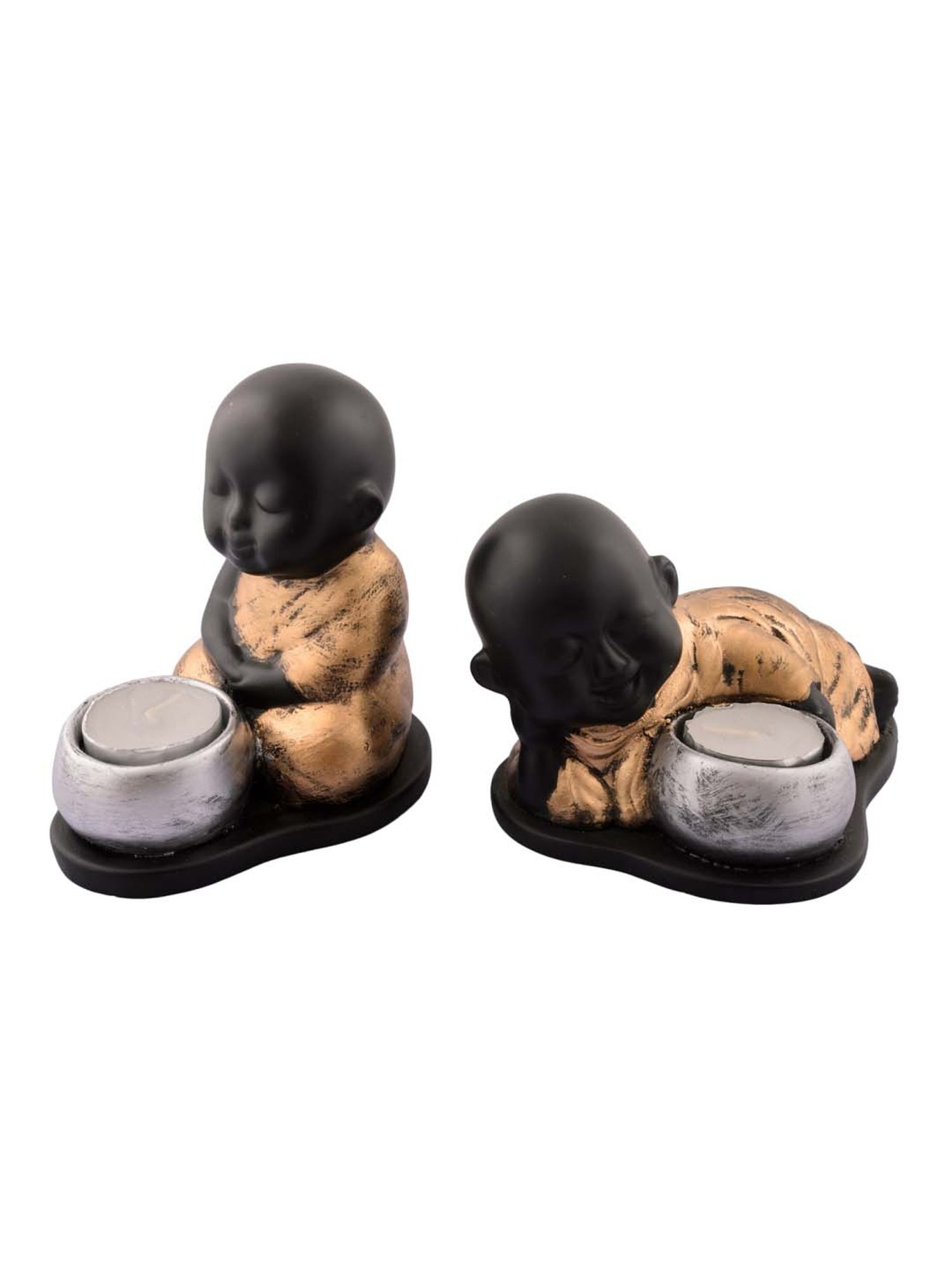 eCraftIndia Set of 2 Golden Monks Polyresin Tealight Holder