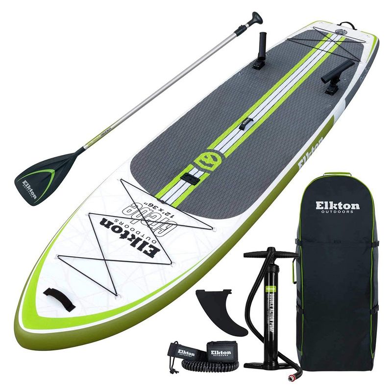 Elkton Outdoors 12 Foot Inflatable Paddle Board Package Kit w/ Fishing Rod Holder, Accessory Mount, and Travel Storage Paddleboard Carry Pack (Green)