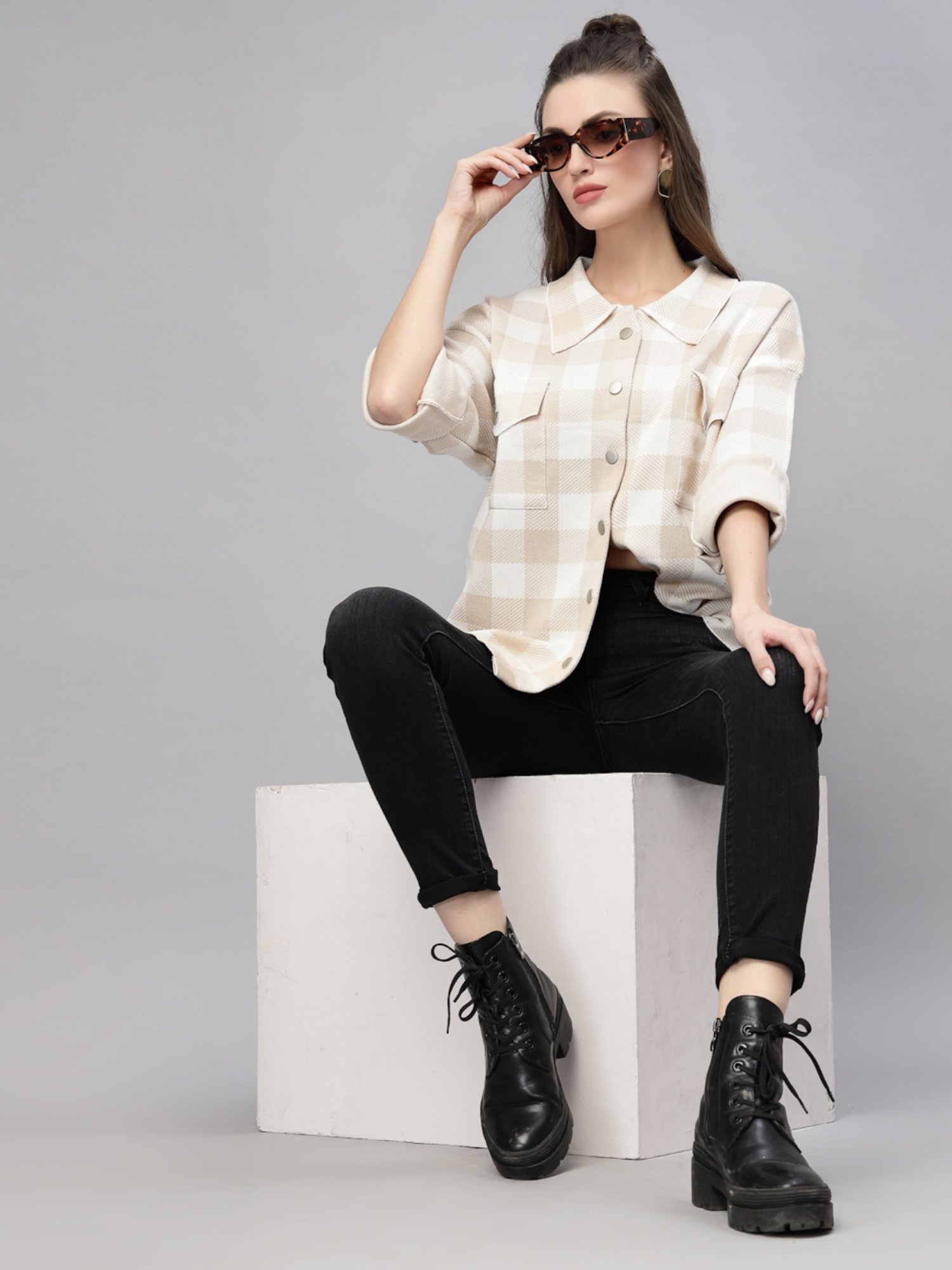 Mafadeny Beige Chequered Shirt
