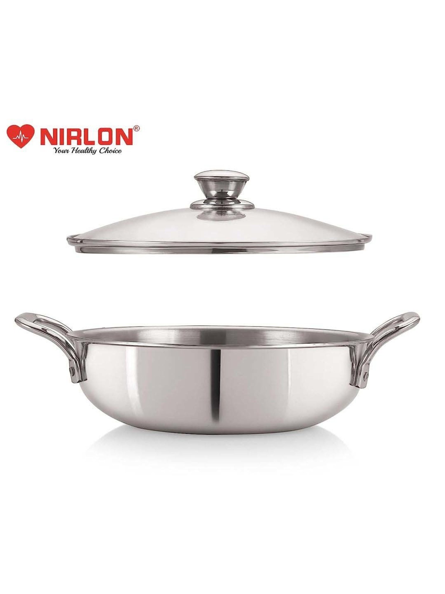 Nirlon Silver Stainless Steel 22 cm Induction & Gas Tri-Ply Kadhai With Glass Lid (2.5 L)