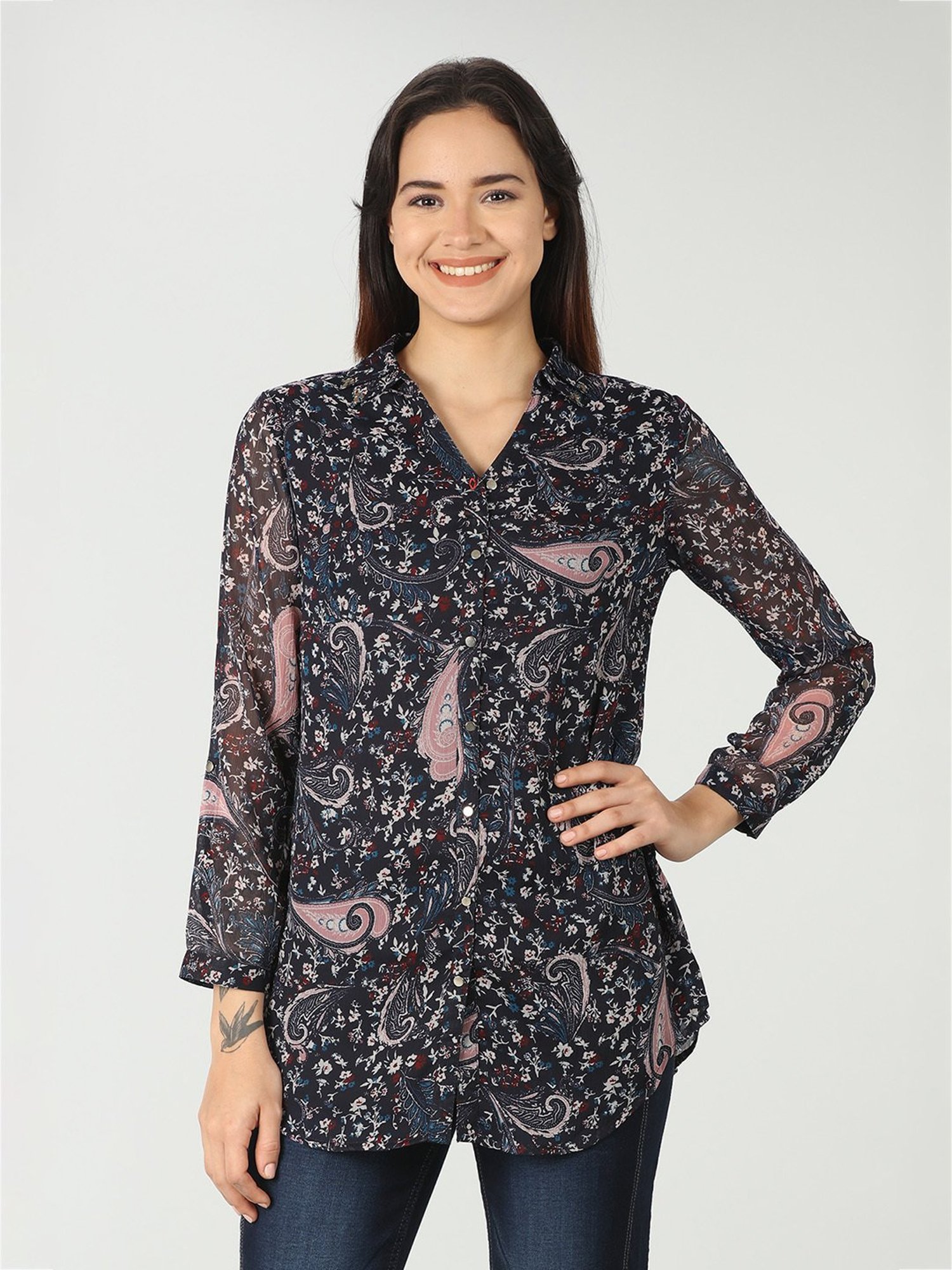 Mustard Navy Floral Print Shirt