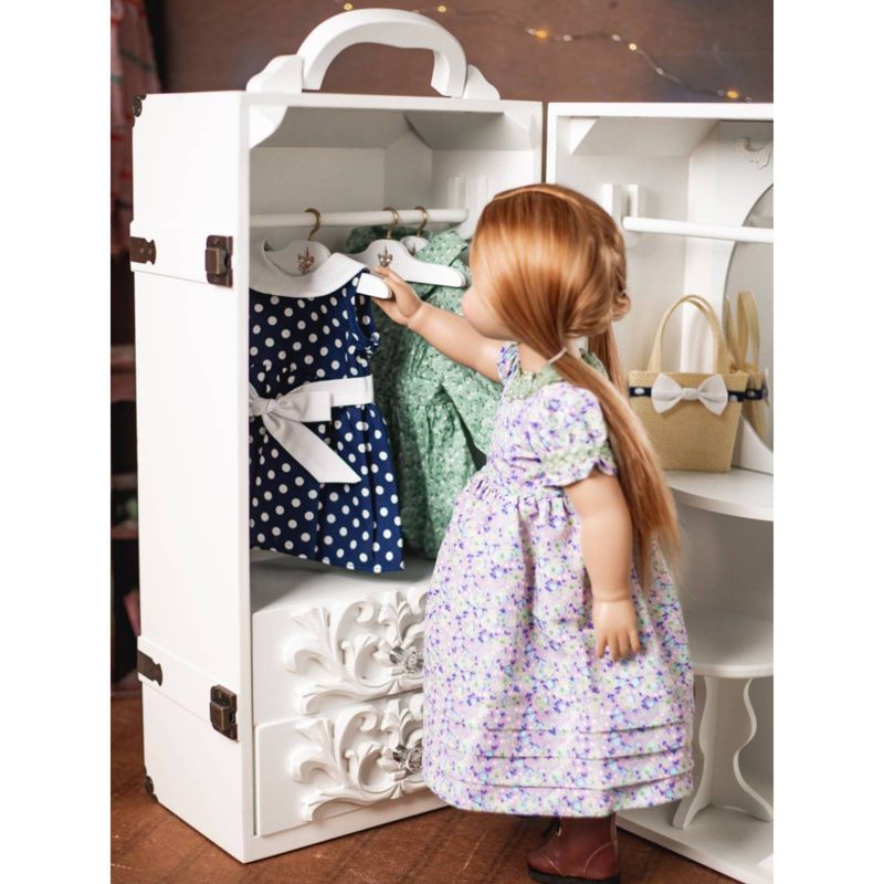 The Queen's Treasures 18 Inch Doll Furniture, White Clothing Storage Trunk, Vanity, 4 Hangers Fits 2 Dolls