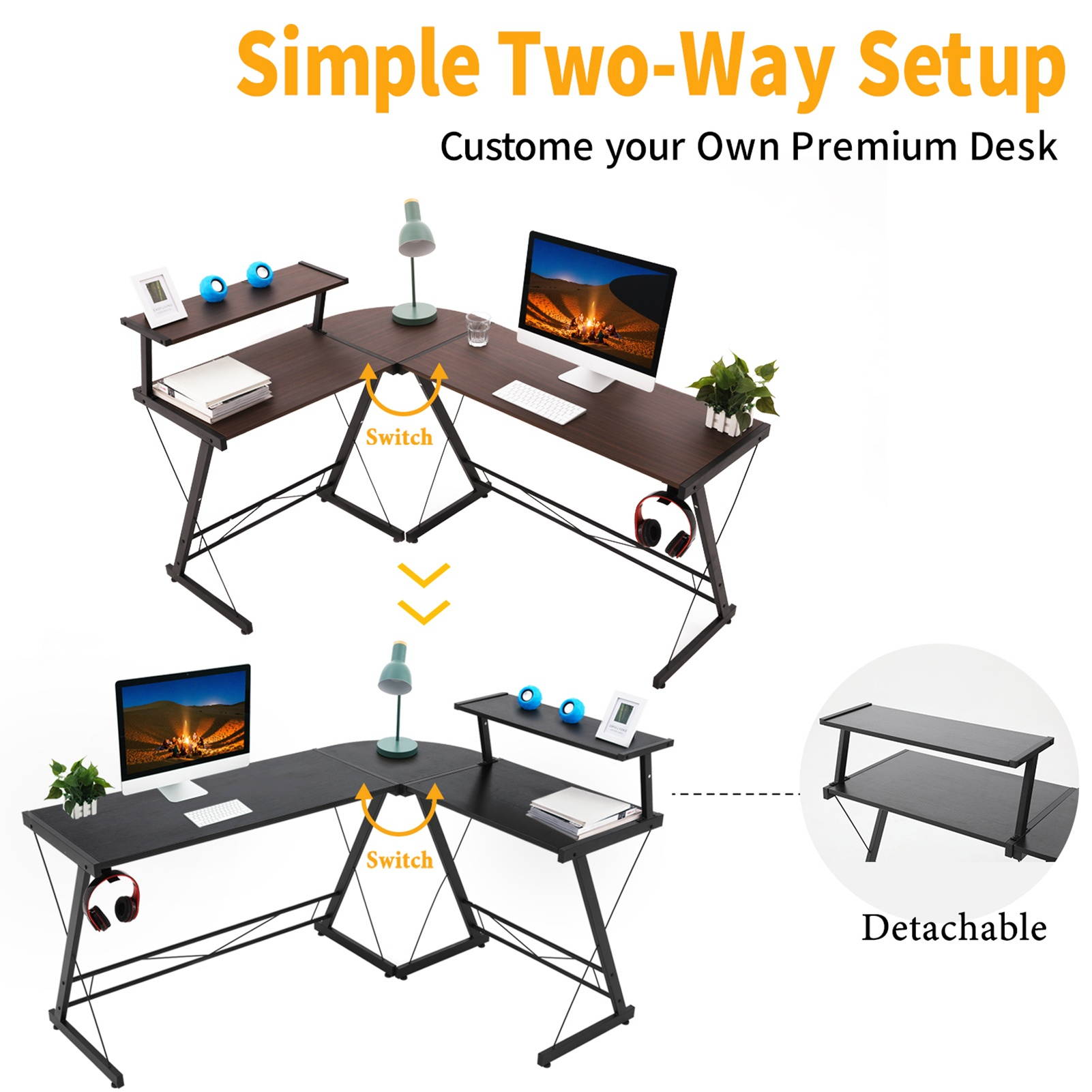 Gome L-Shaped Computer Desk - 61" Larger Corner Desk for Space Saving, Modern Home Office Writing Desk for Work, Study and Gaming, Ergonomic Wood Desk with Monitor Stand(Black)