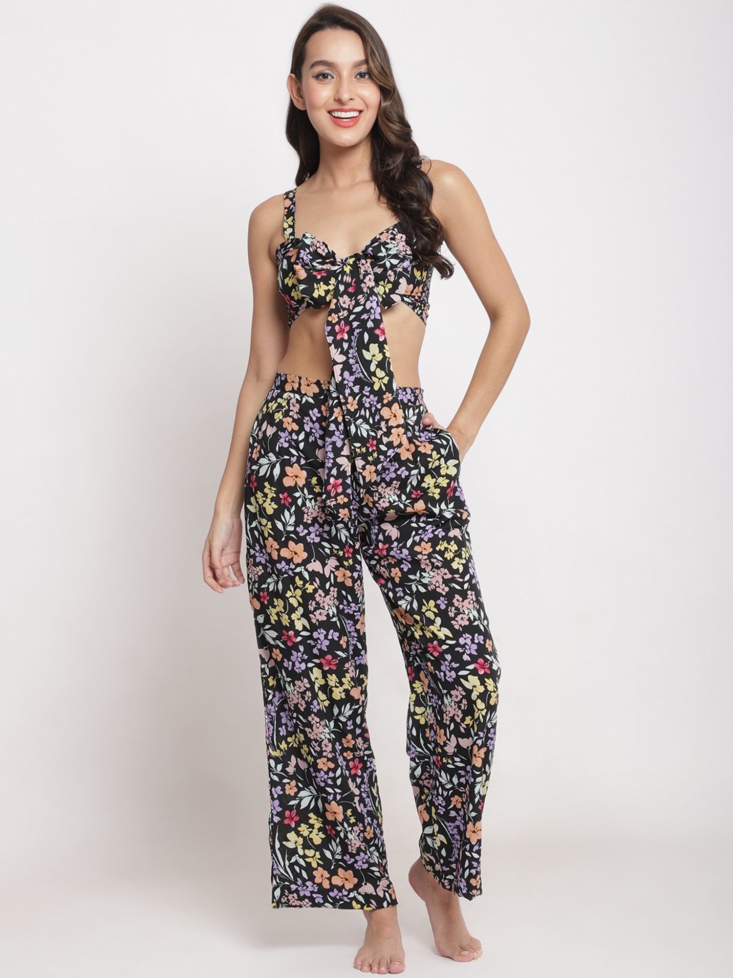 Erotissch Jet Black Floral Print Beachwear Co-Ord Set