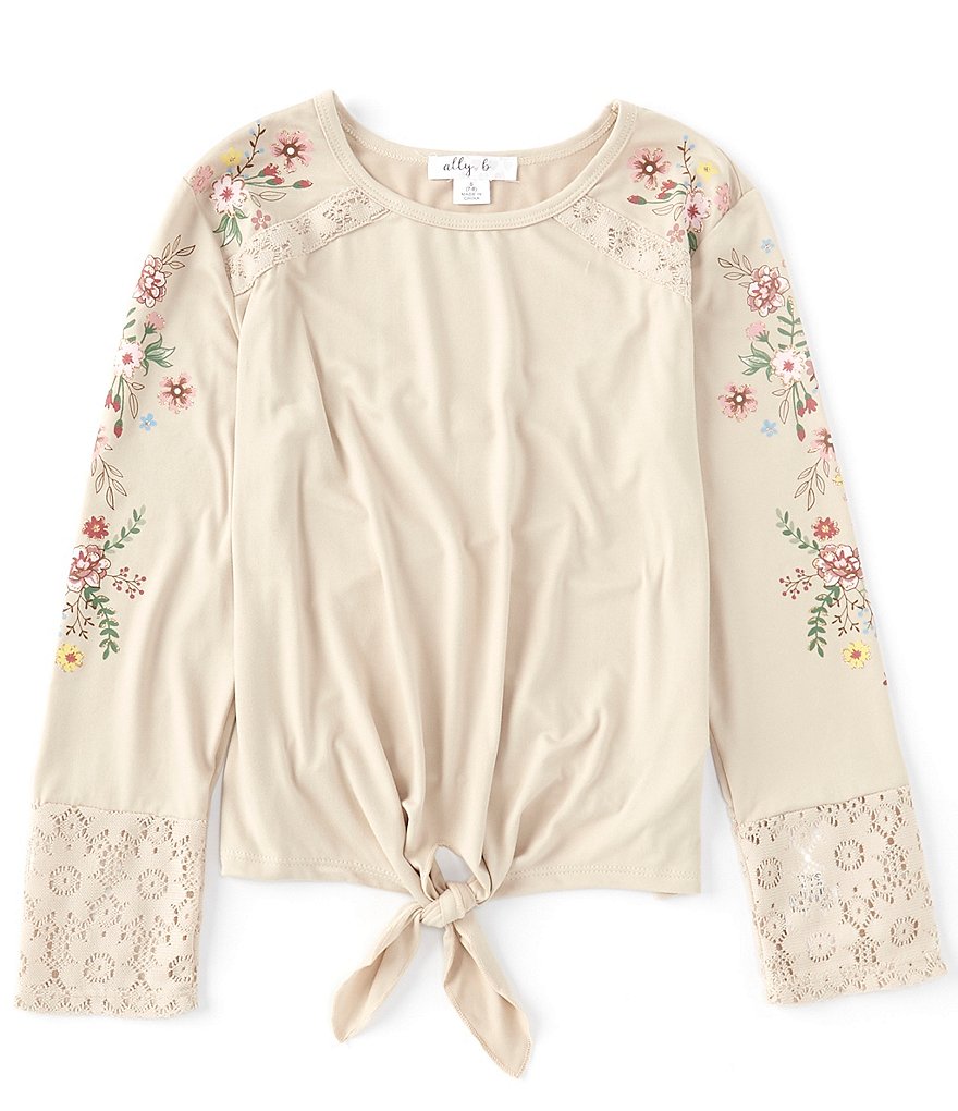 Ally B Big Girls 7-16 Long-Sleeve Lace Trim Floral Print Knit Top