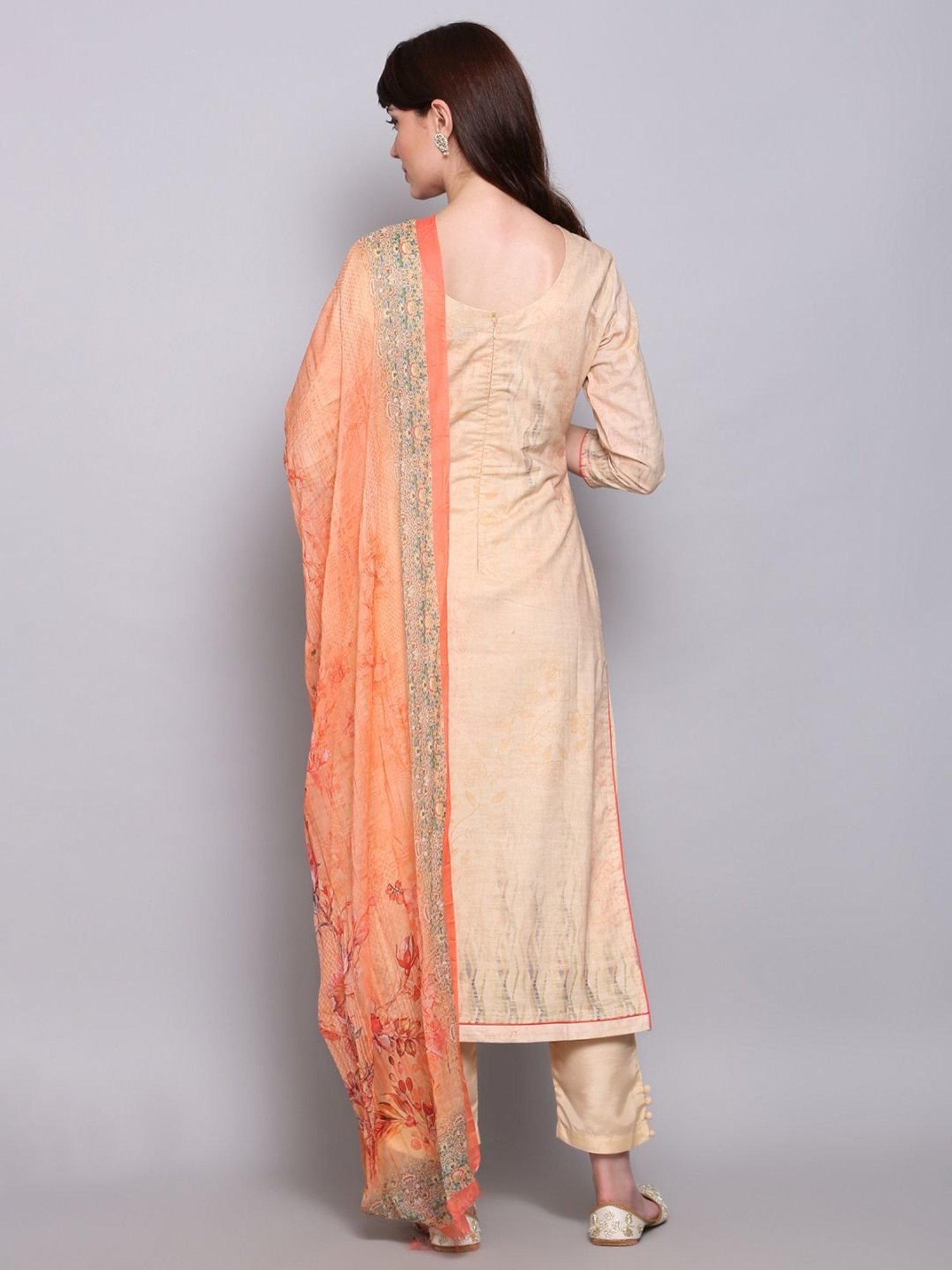 Stylee LIFESTYLE Beige Cotton Embroidered Unstitched Dress Material