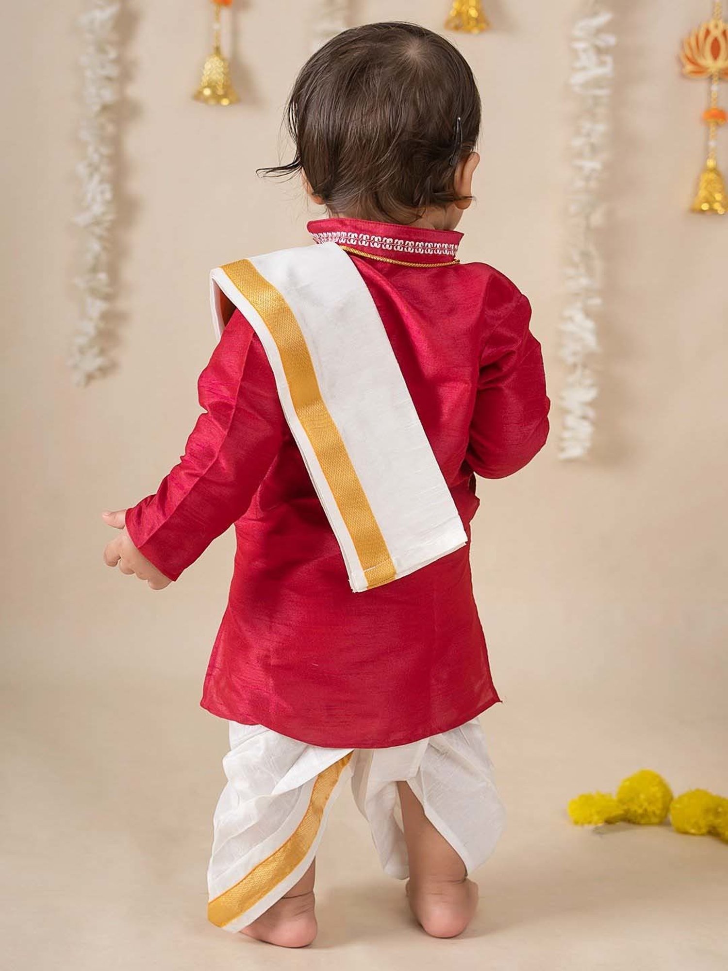Baby Moo Kids Red & White Regular Fit Full Sleeves Kurta Set