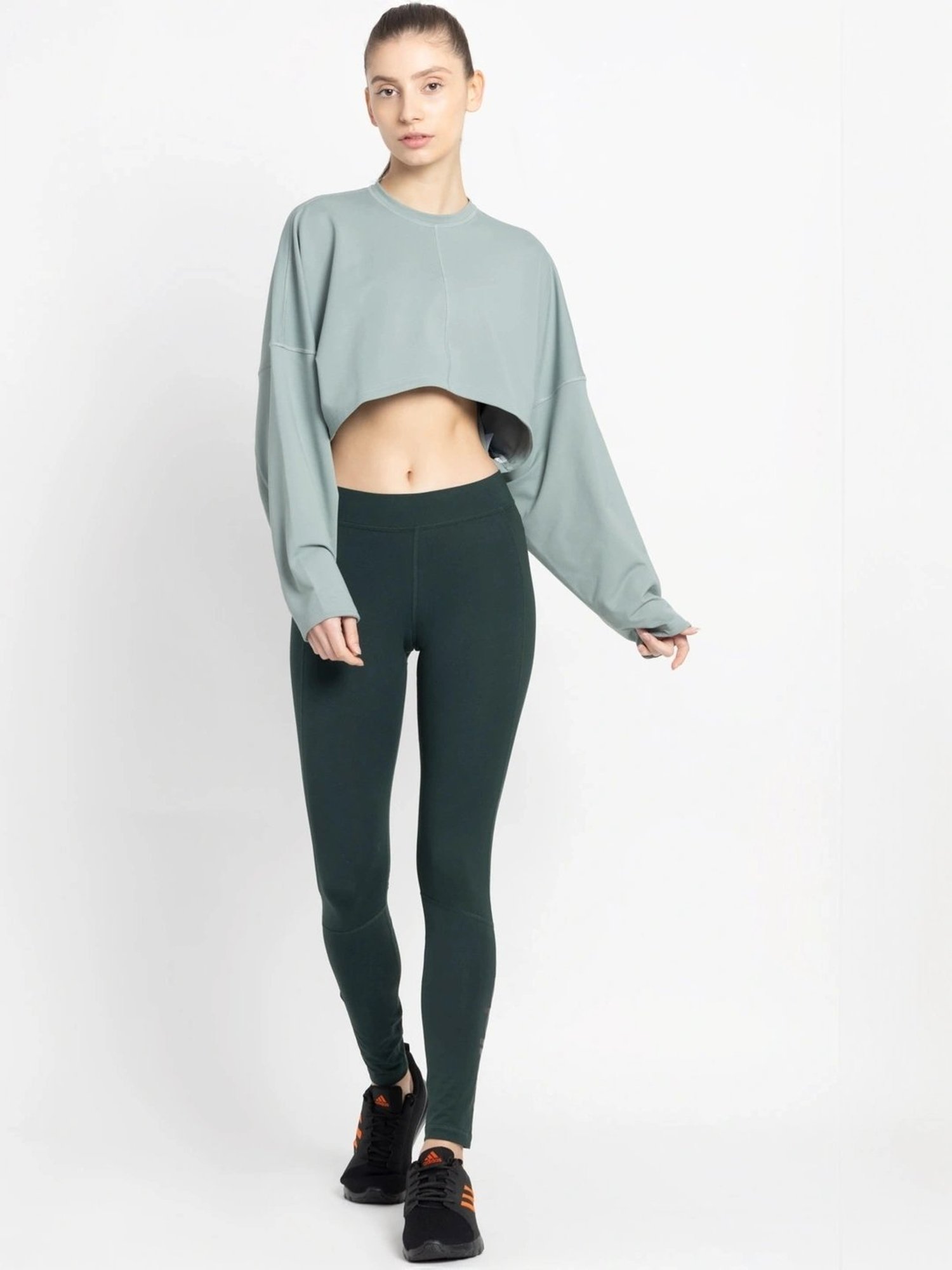 ADIDAS Green Plain Sports Cropped Sweatshirt