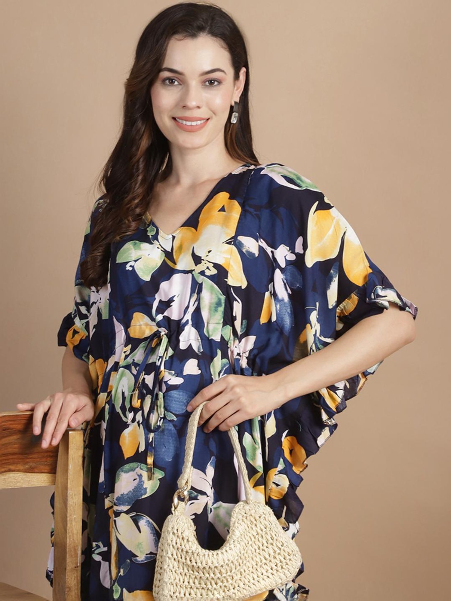 Secret Wish Navy Floral Print Kaftan