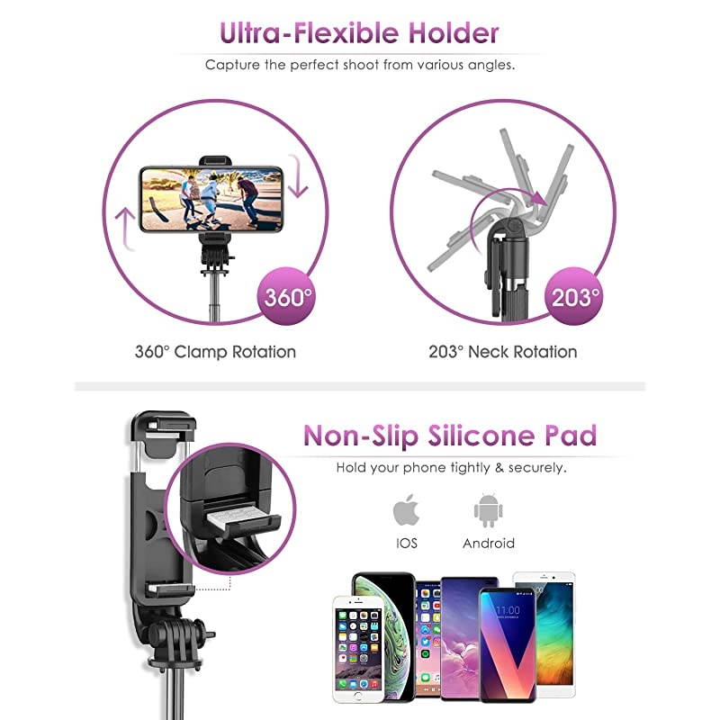 Selfie Stick Tripod,  Lightweight Aluminum All in One Extendable Selfie Stick Bluetooth with Remote Compatible with iPhone 12/12 Pro/11/XS Max/XS/XR/8P, Galaxy S20/S10/S9, Gopro, Small Camera