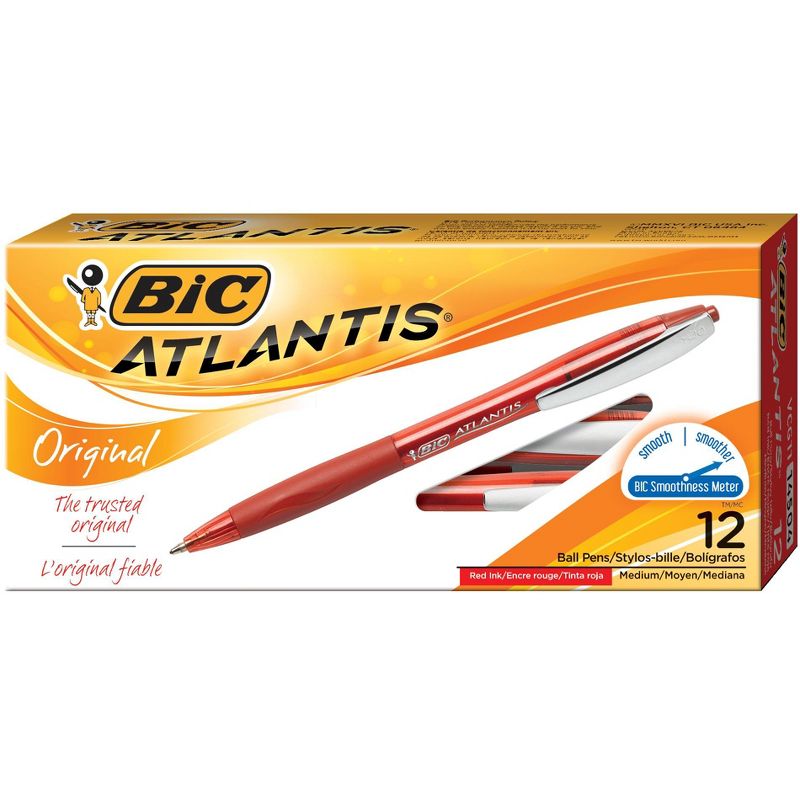 BIC Atlantis Retractable Ballpoint Pen, Medium Tip, Red, pk of 12