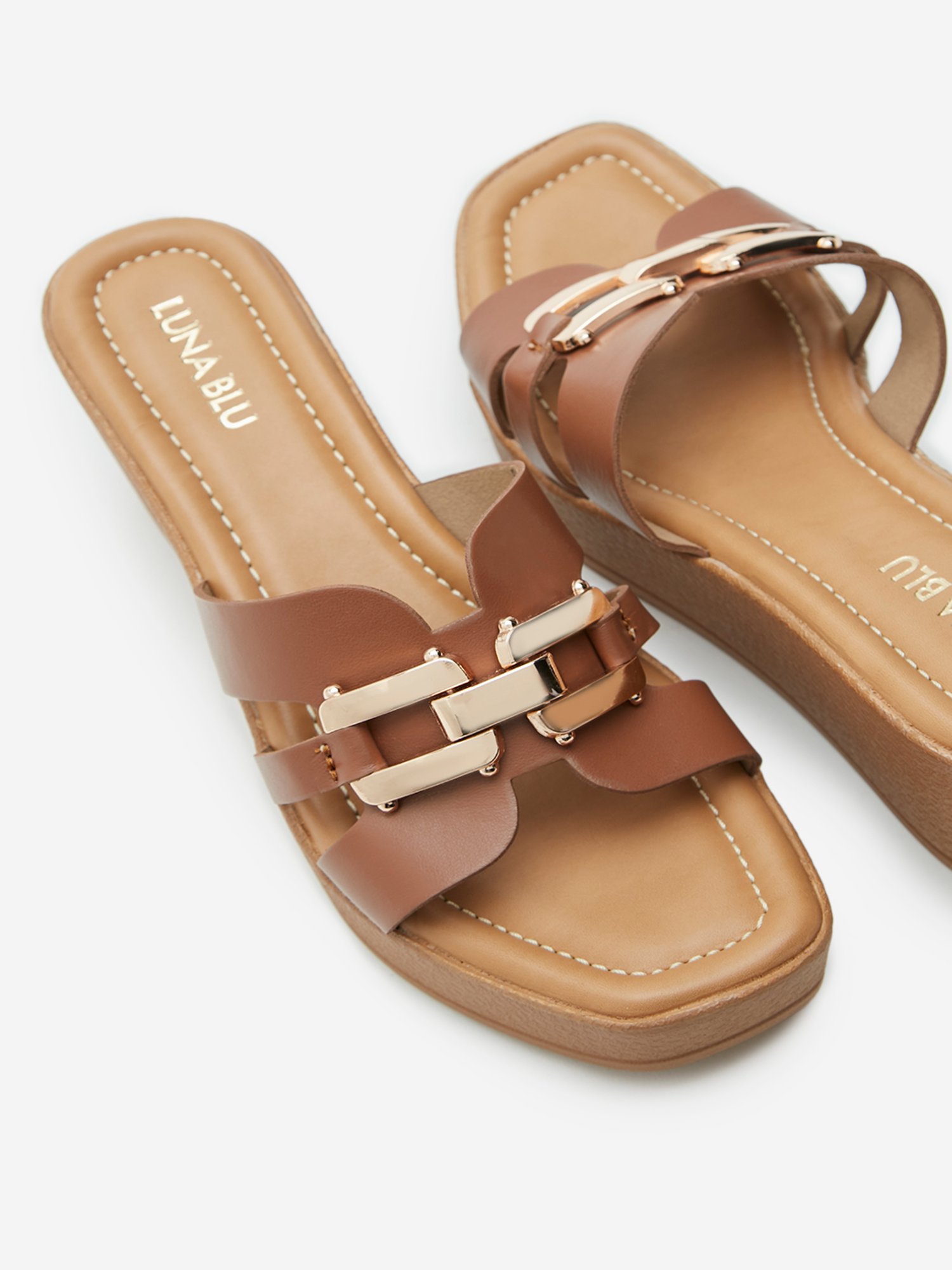 LUNA BLU by Westside Tan Metal-Detailed Wedge Heel Sandals