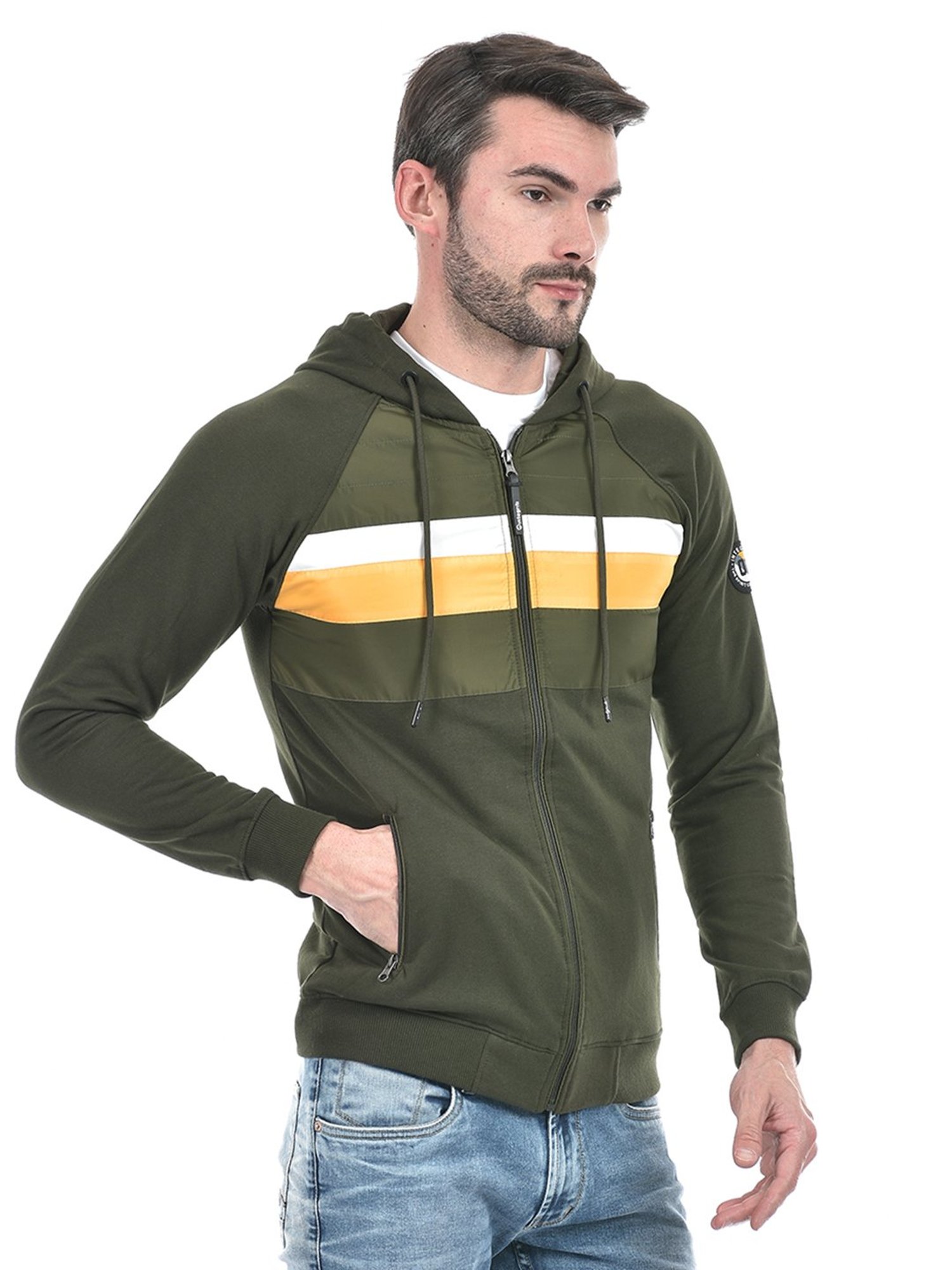 Integriti Olive Regular Fit Striped Hooded Jacket