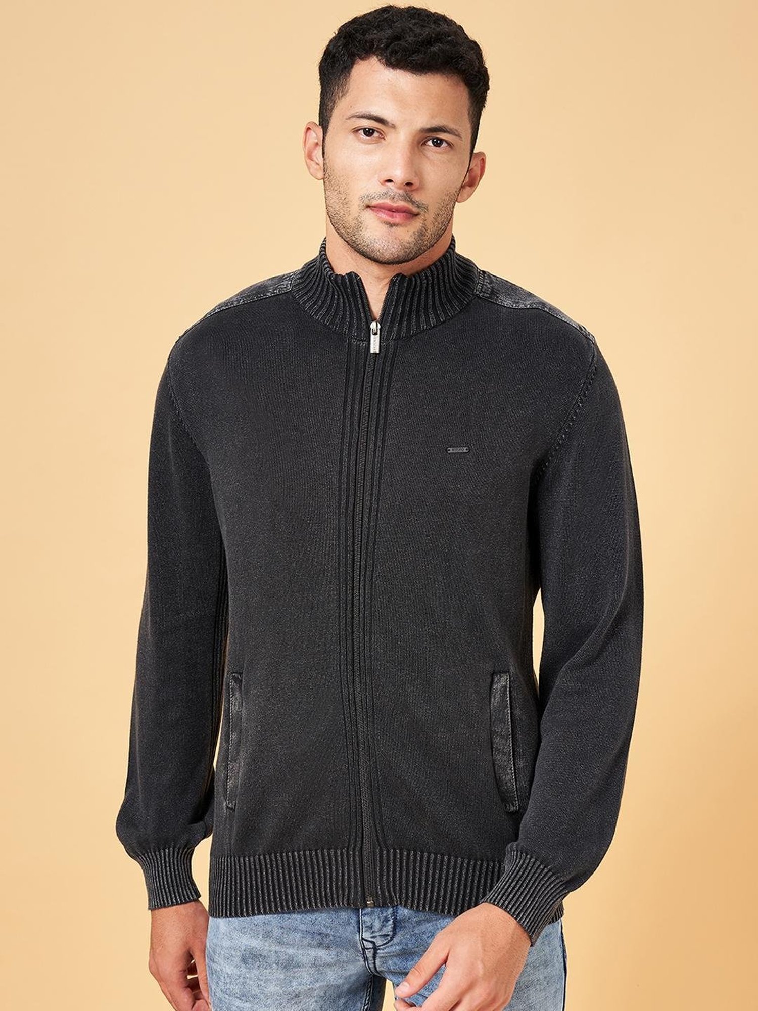 Byford by Pantaloons Black Cotton Slim Fit Self Pattern Sweater