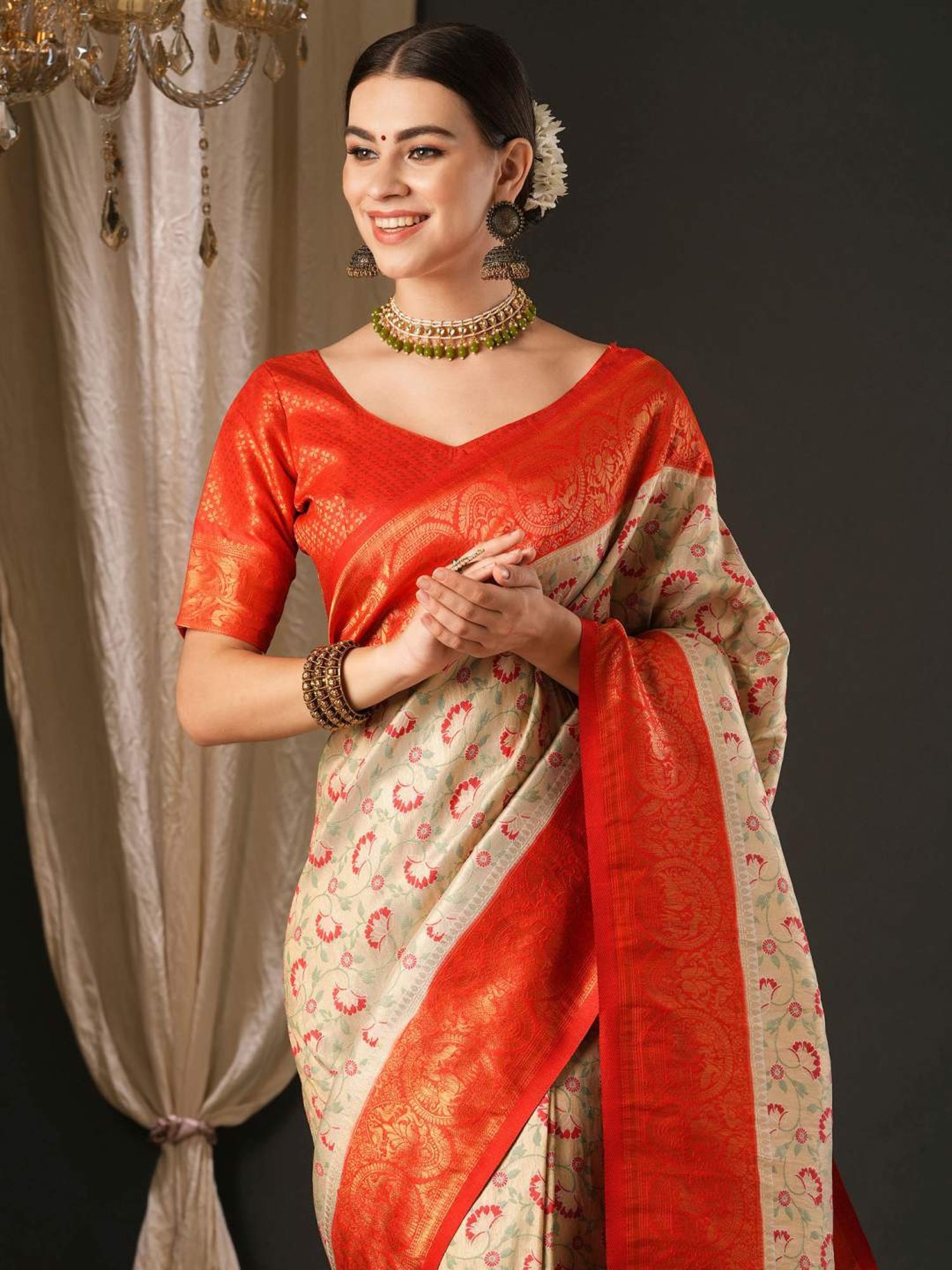 Saree Mall Beige & Orange Woven Saree With Unstitched Blouse