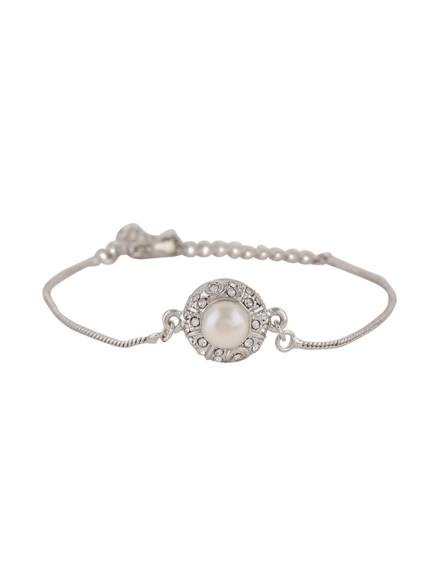 Estele Rhodium-Plated Moonlight Pearl Floral Bracelet for Women