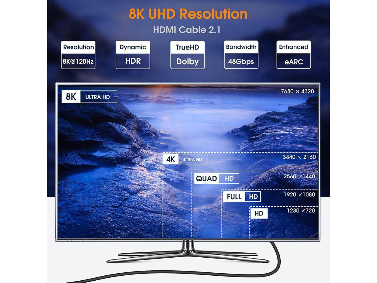 8K HDMI Cable 6.6ft / 2M, HDMI 2.1 Ultra HD 48Gpbs, 8K@120K120 144Hz eARC HDR10 4:4:4 HDCP 2.2 & 2.3 Compatible with Dolby Vision Xbox PS4 PS5 Apple TV 4K Roku Fire TV Switch Vizio Sony LG S