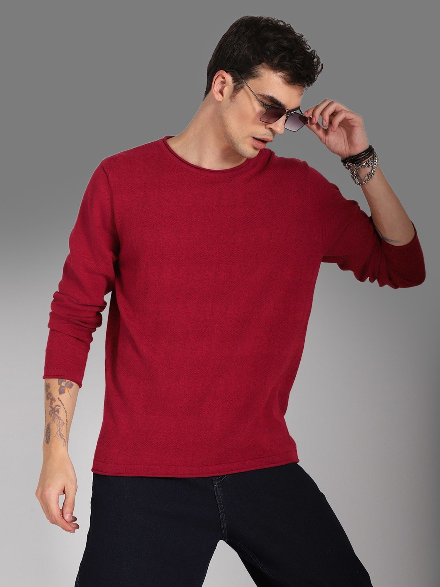 High Star Red Cotton Regular Fit Sweater