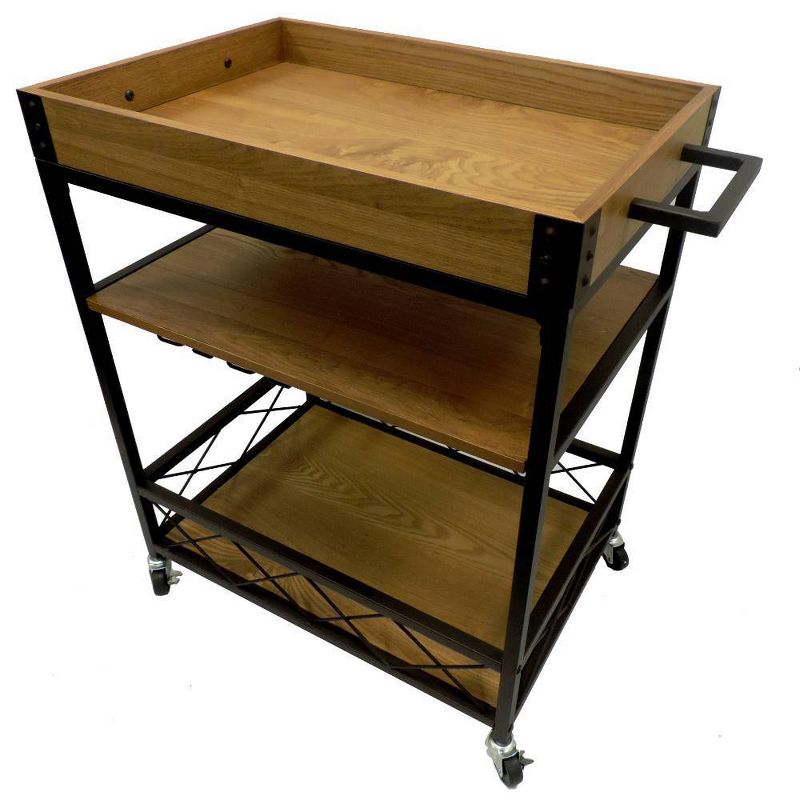 Kitchen Mobile Serving Bar Cart with Shelves and Wine Glass Holder Black/Brown - Benzara
