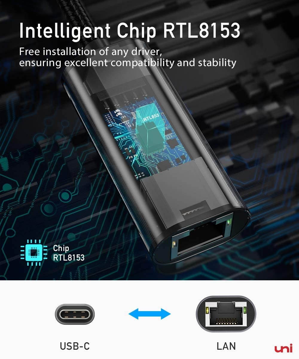 USB C to Ethernet Adapter uni RJ45 to USB C Thunderbolt 3/Type-C Gigabit Ethernet LAN Network Adapter Compatible for MacBook Pro 2020/2019/2018/2017 MacBook Air Dell XPS and More - Gray