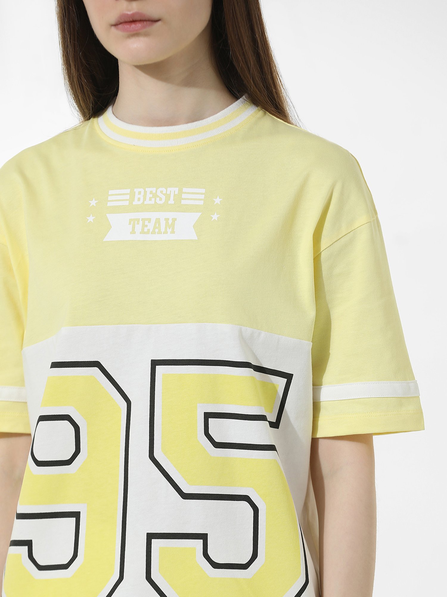 Only Yellow & White Cotton Graphic Print T-Shirt