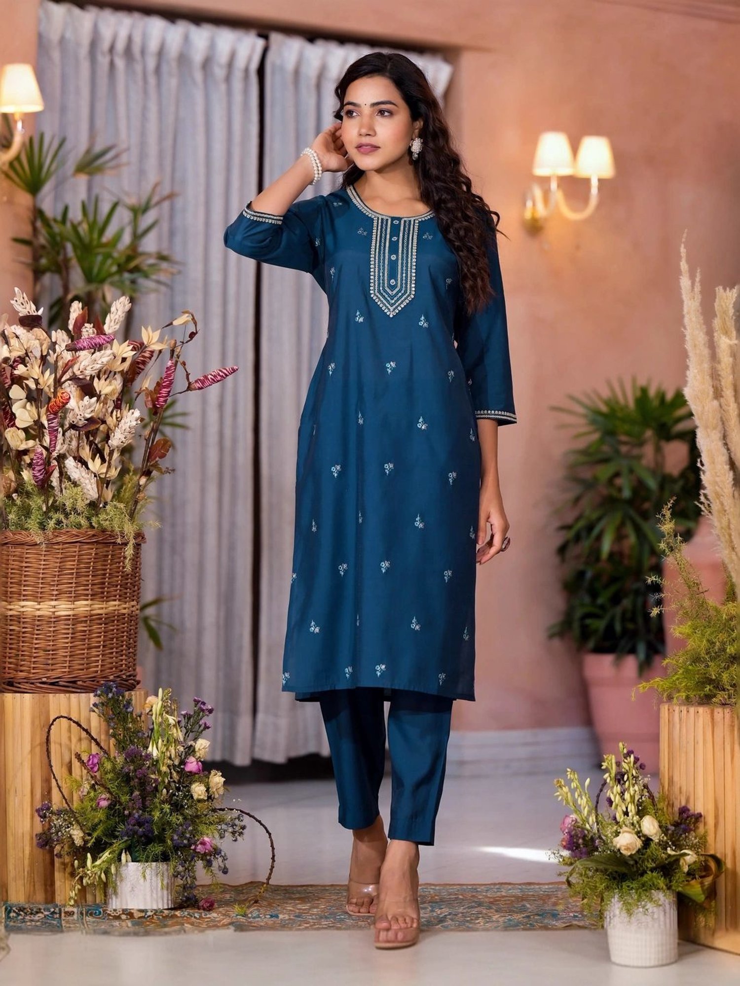 Juniper Blue Embroidered Kurta Pant Set With Dupatta