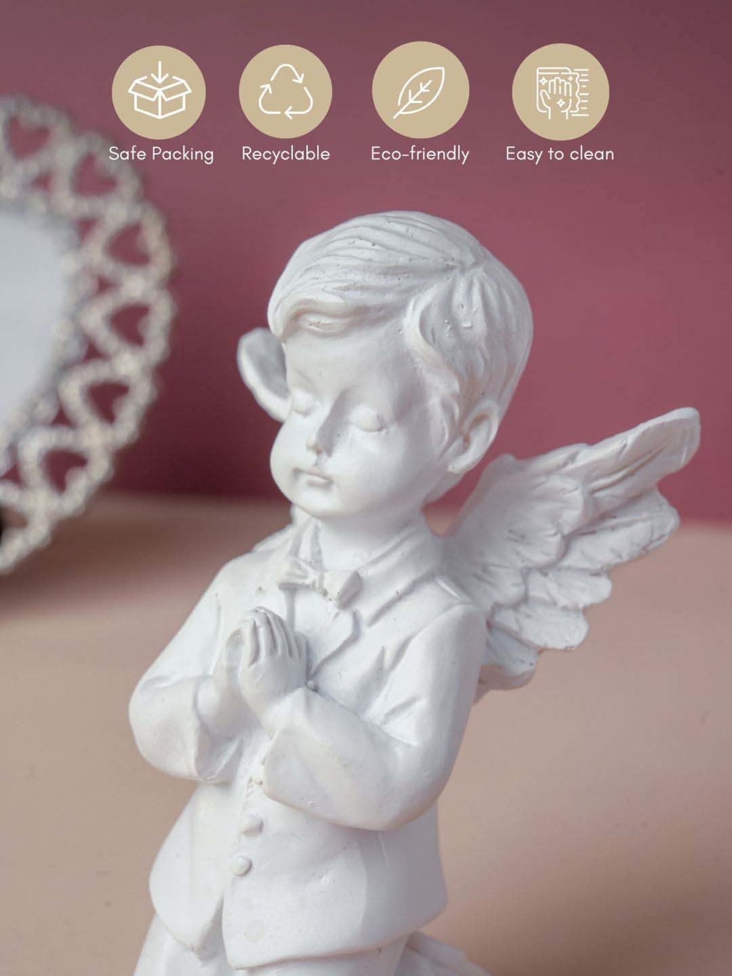 Nestasia White Praying boy on both knees Angel Statue with Wings for Home Decoration (4.92 Inch)