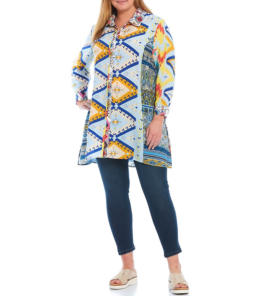 Calessa Plus Size Southwest Print Point Collar Neck Long Cuffed Sleeve Duster Tunic
