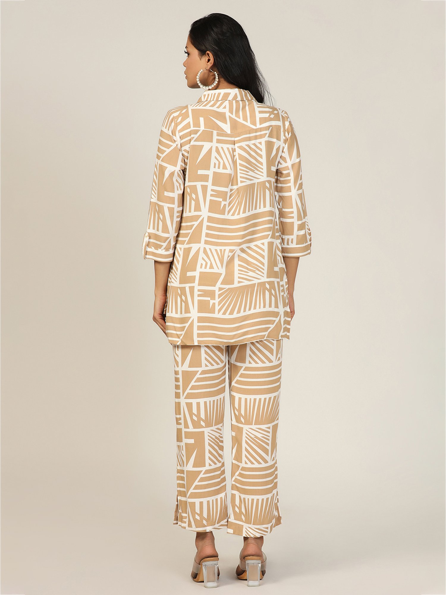 Mustard Beige & White Printed Shirt