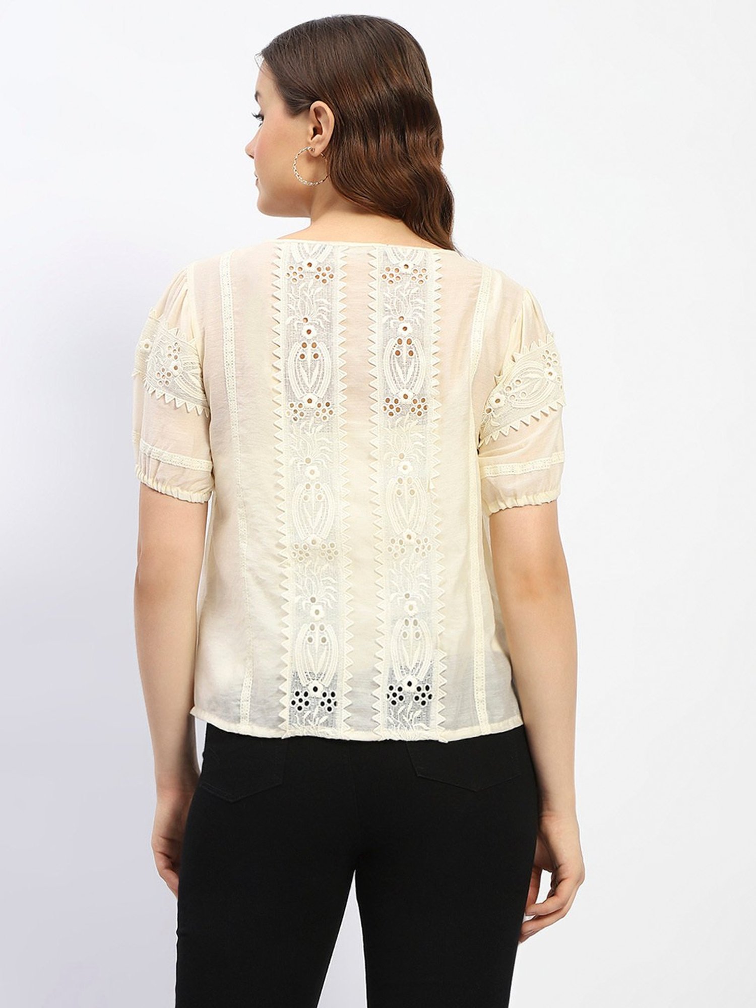 MADAME Cream Cotton Self Design Top