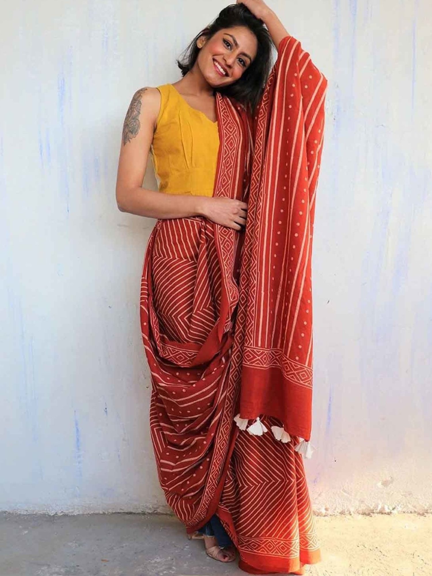 Chidiyaa Rust Block Printed Cotton Mulmul Saree - Butterfly Girls