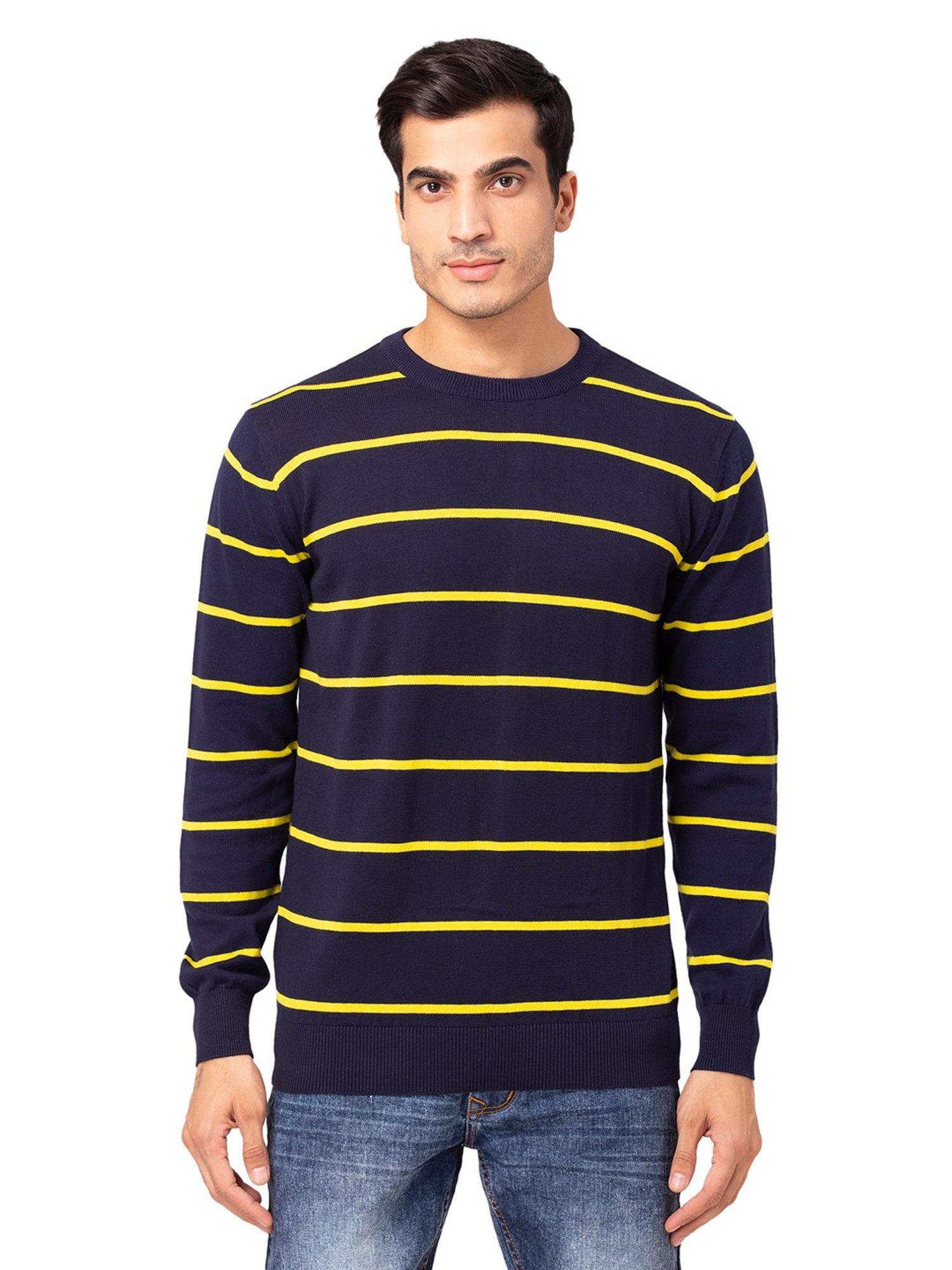 Allen cooper Navy Regular Fit Striped Sweater