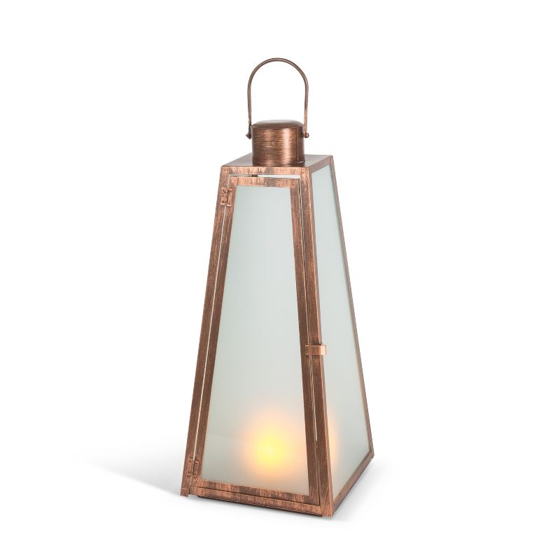 Everlasting Glow 20.88-Inch Tall Triangular Brushed Copper Lantern with FireGlow&trade; Lights and Timer Feature