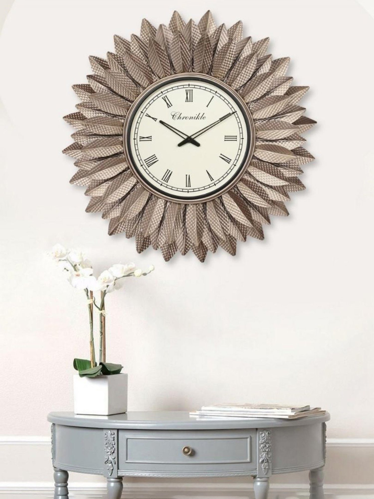 CHRONIKLE Sun Burst Design Golden Iron Roman Number Analog Wall Clock
