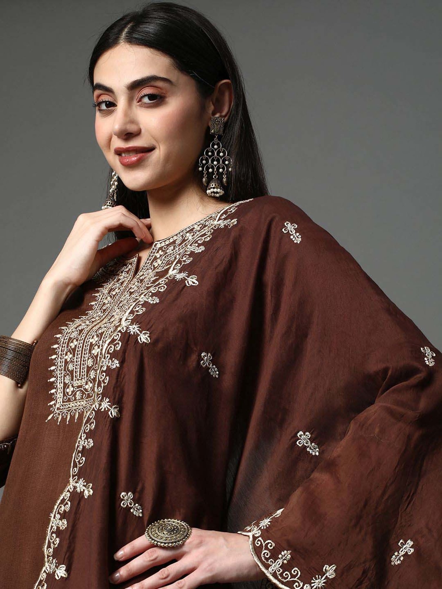 Heeposh Brown Embroidered Kurta Pant Set With Dupatta