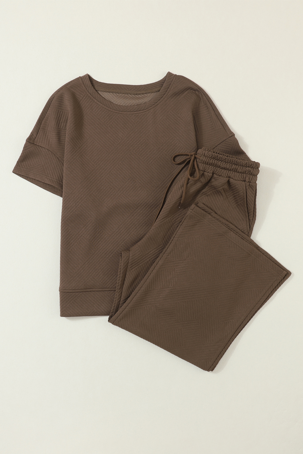 Brown Textured Loose Fit T Shirt and Drawstring Pants Set