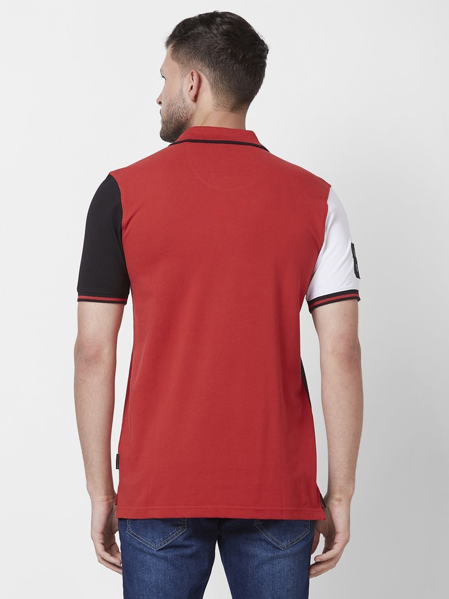 Giordano Red Cotton Slim Fit Colour Block Polo T-Shirt
