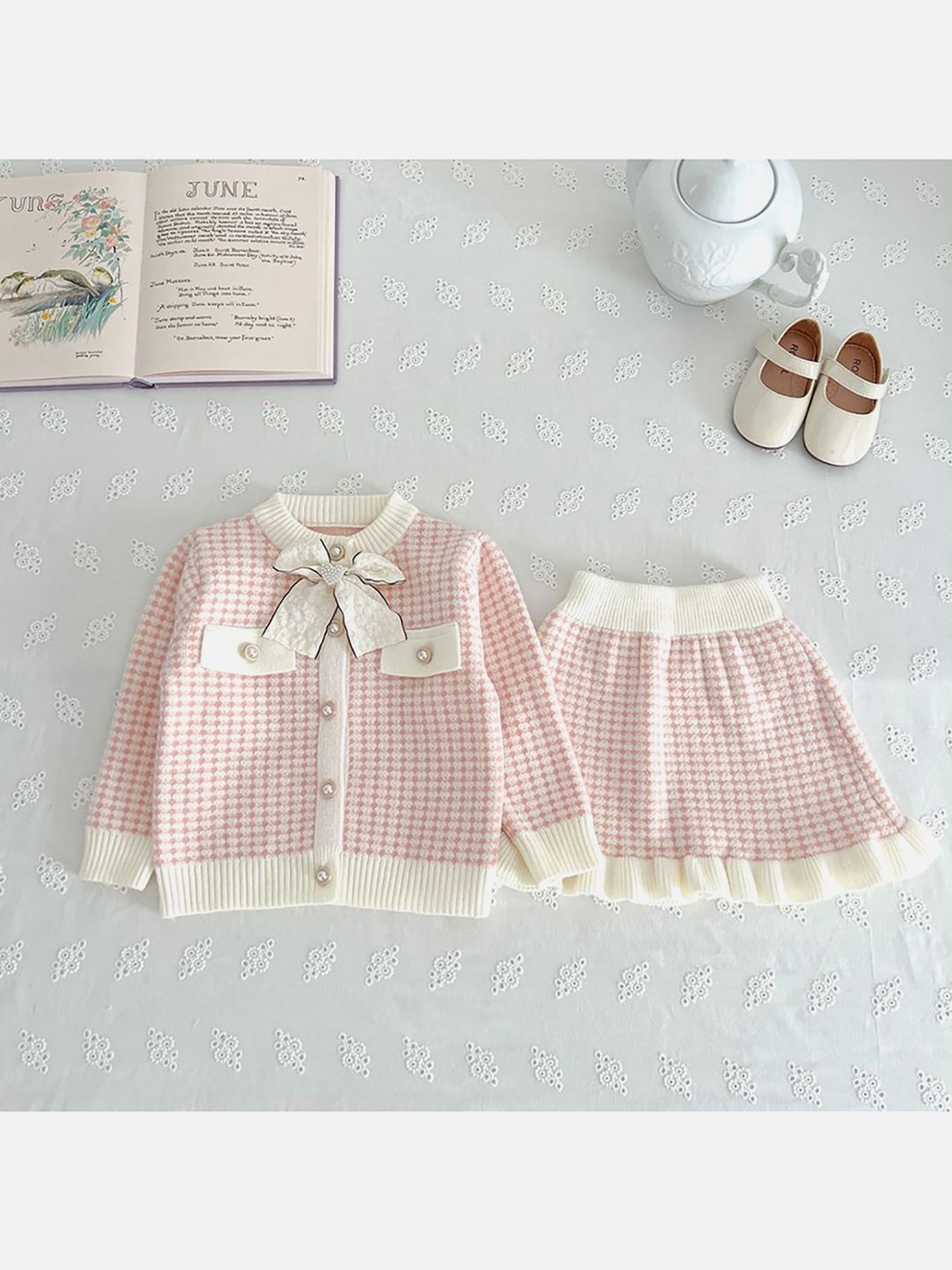 Little Surprise Box Kids Pink & Cream Self Design Full Sleeves Cardigan with Skirt