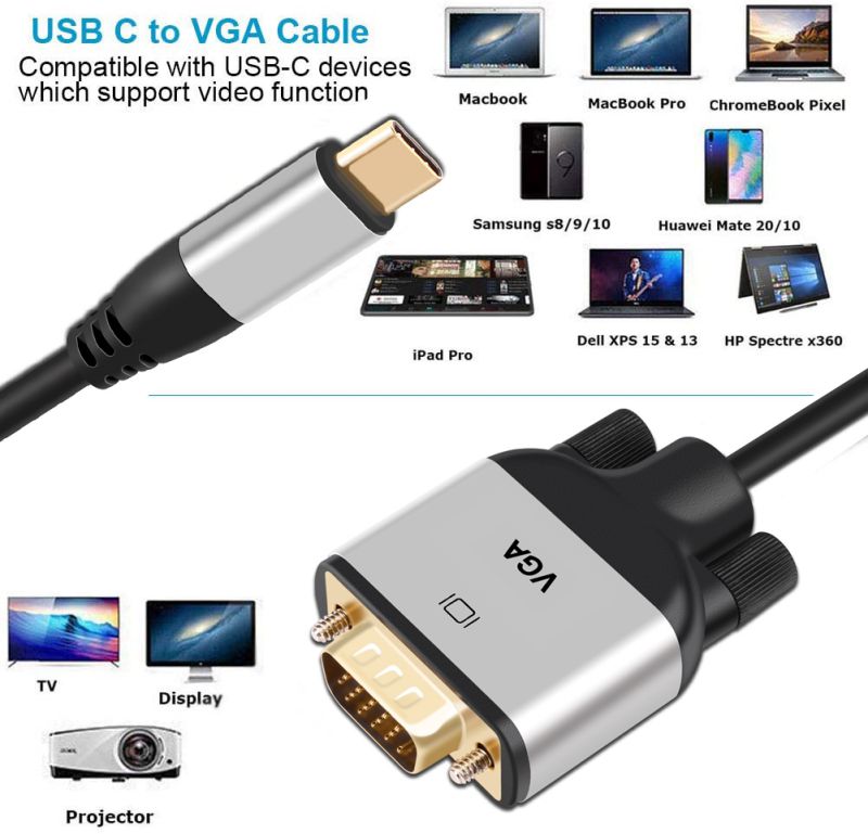 USB C to VGA Cable 10ft,USB Type C (Thunderbolt 3) to VGA Cable Sturdy Braided for USB 3.1 Devices-MacBook Pro, iPad Pro Samsung S10/S9/S8, Surface Book 2, Dell XPS, HP Etc