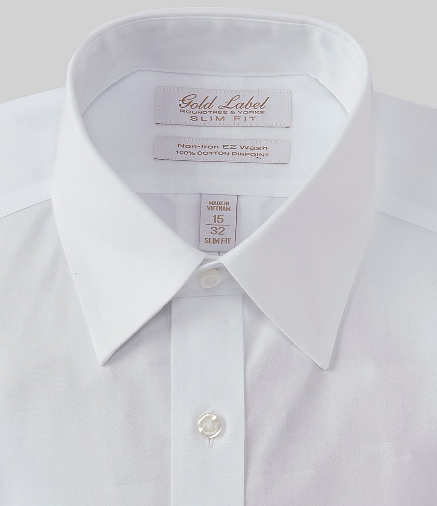 Gold Label Roundtree & Yorke Solid Non-Iron Fitted Point-Collar Dress Shirt with French Cuffs