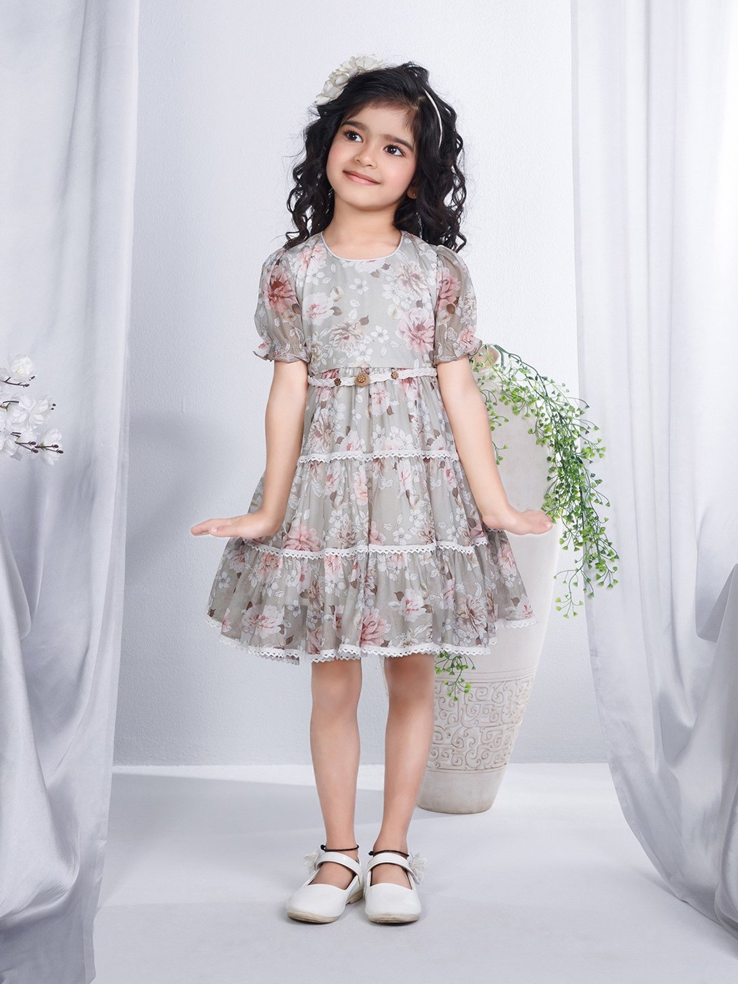 Peppermint Kids Light Grey Floral Print Dress