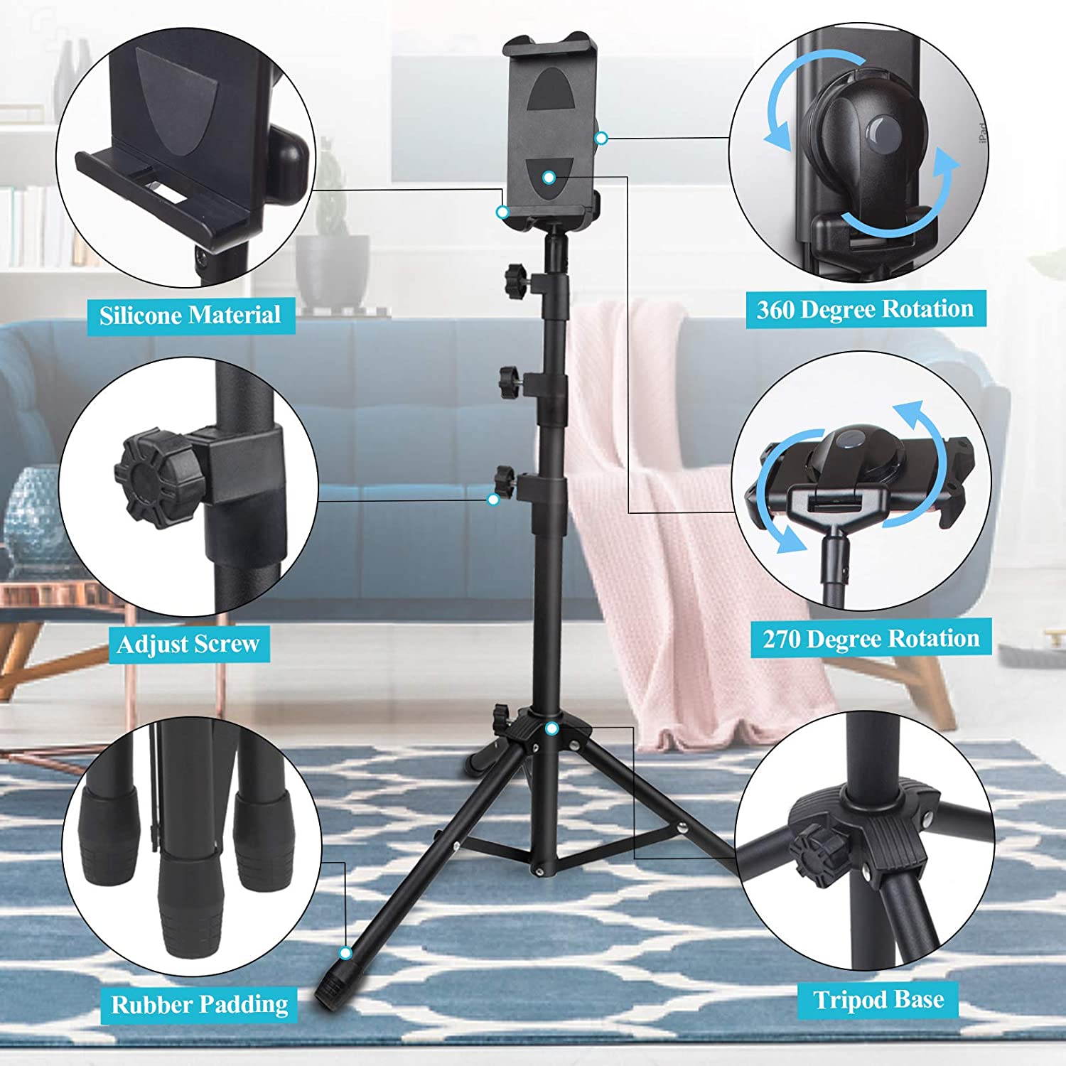 Phone iPad Tripod Stand, Upgrade Style Portable Floor Tablet Holder Mount Height Adjustable 20" to 60" for All 4.7-12.9" Phone and Tablets, Coming with iPhone Desktop Stand
