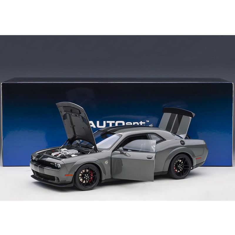 Dodge Challenger SRT Hellcat Widebody Destroyer Gray with Dual Gunmetal Center Stripes 1/18 Model Car by Autoart