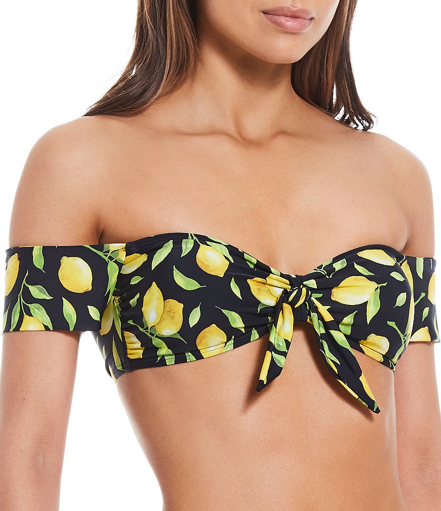 Gianni Bini Sweet Summer Lemon Print Off-the-Shoulder Tie Front Swim Top