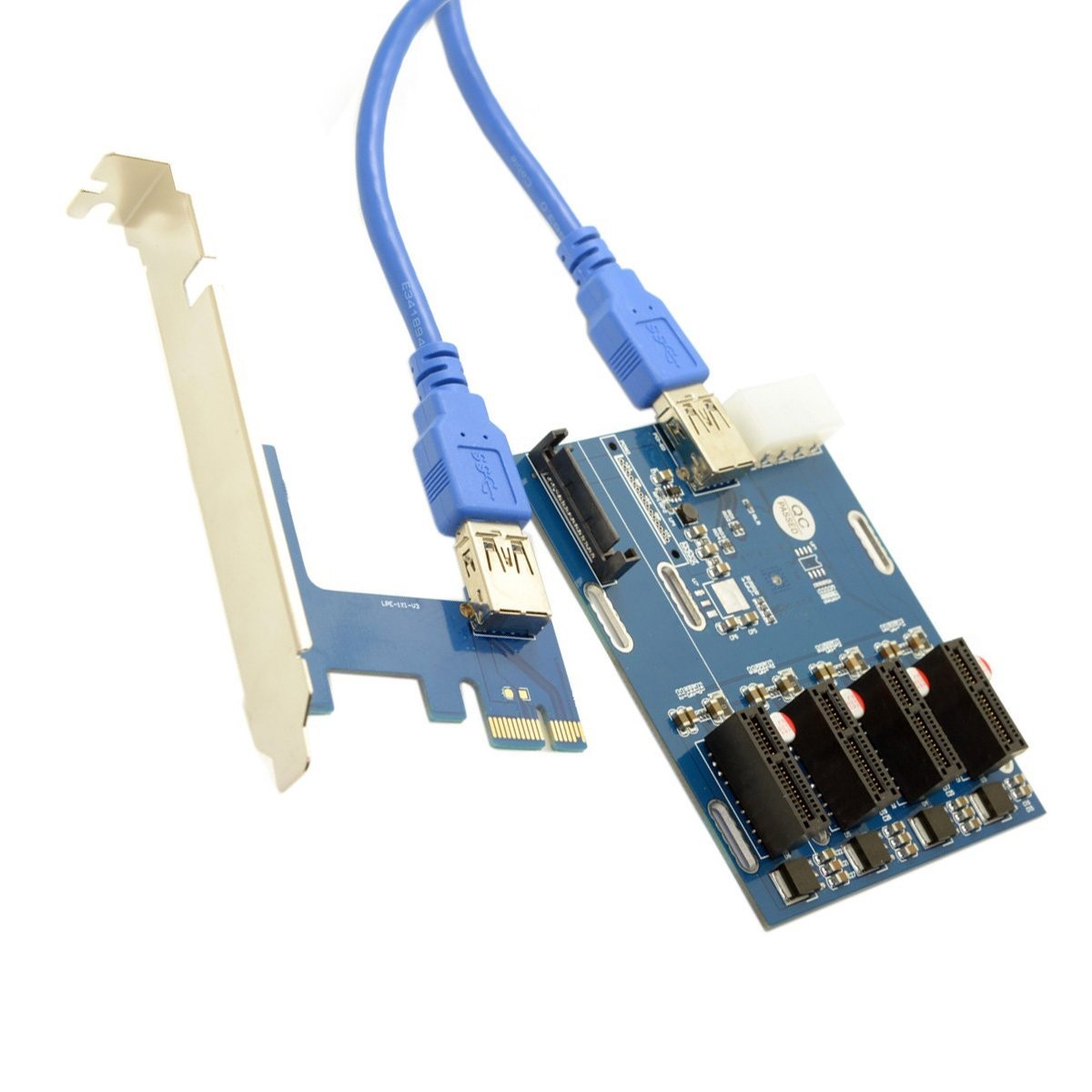 PCI-e Express 1x to 4 Port 1x Switch Multiplier Splitter Hub Riser Card with USB 3.0 Cable