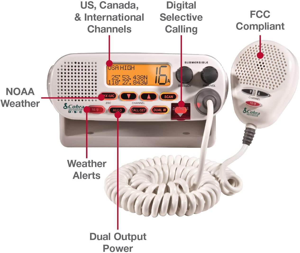 Cobra MR F45-D Fixed Mount VHF Marine Radio &ndash; 25 Watt VHF, Submersible, LCD Display, Noise Cancelling Microphone, NOAA Weather Channels, Signal Strength Meter, Scan Channels, White